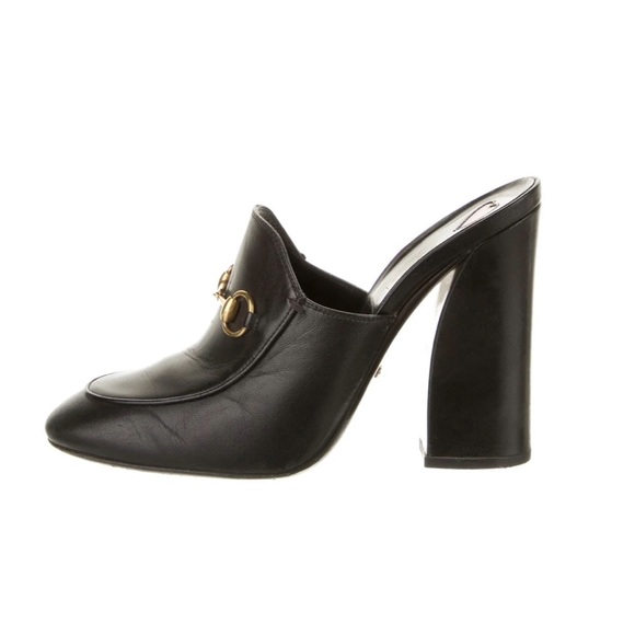GUCCI Julie princetown gold horsebit black leather slip on chunky heel mules - Picture 2 of 10